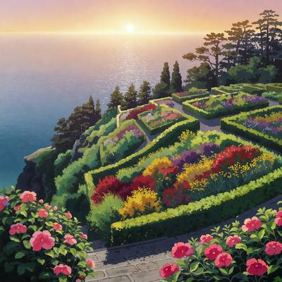 The primary subject of the image is a beautiful garden with a variety of flowers, including red, yellow, and purple ones. The garden is situated on a hillside, overlooking the ocean. The setting is a picturesque landscape with a serene atmosphere. The visual style of the image is a combination of photo and digital art, creating a vibrant and lively scene. The colors and mood of the image are predominantly warm and inviting, with the flowers adding a touch of natural beauty to the landscape.